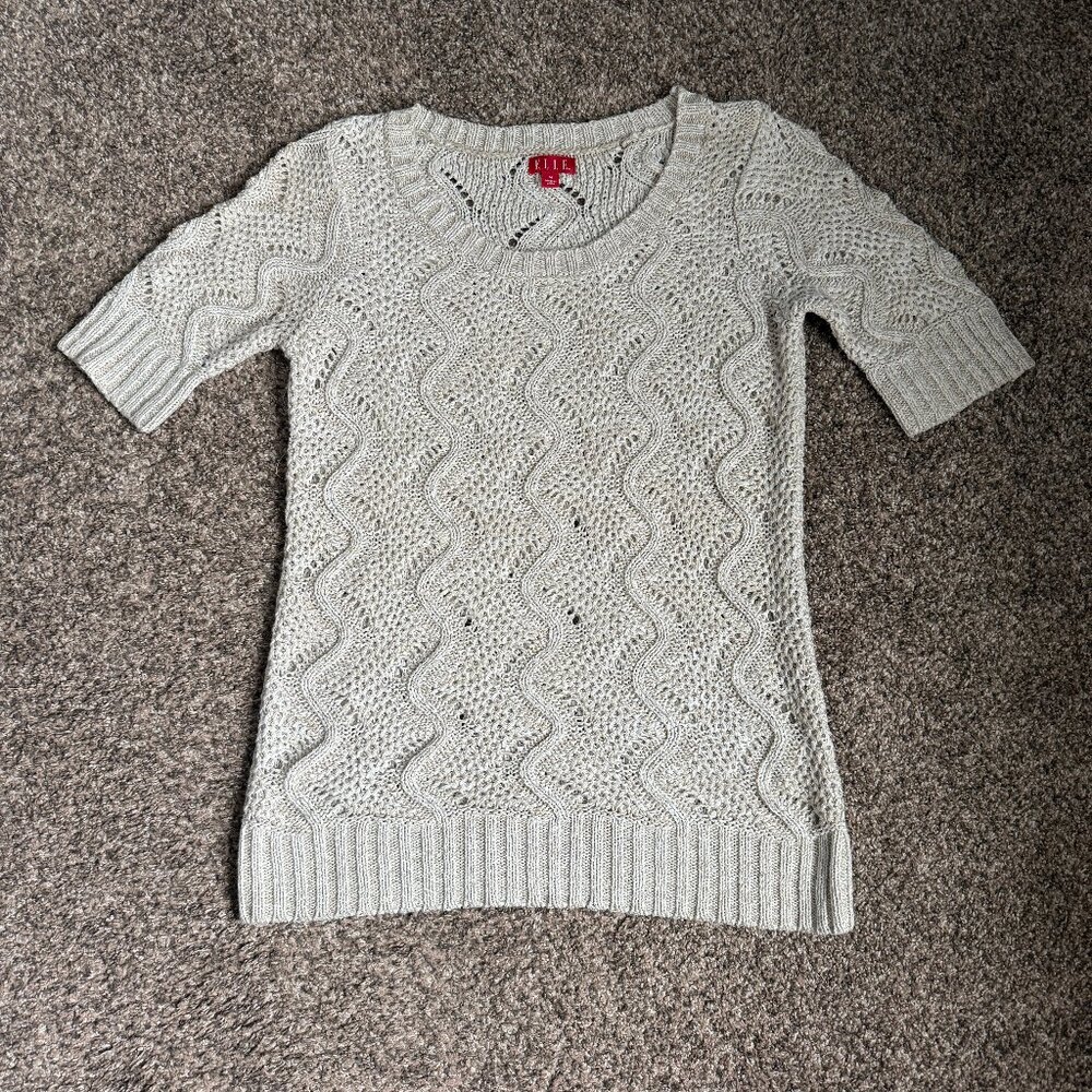 ELLE Crew Neck Elbow Sleeve Textured Knit Tunic Sweater, Sz M, Oatmeal/Gold